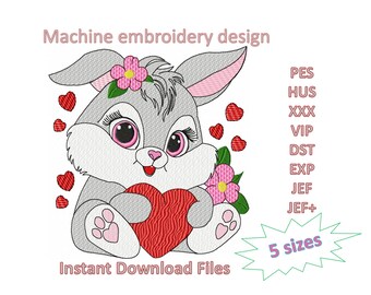 Rabbit with Heart Machine Embroidery Design: Bunny in Love (5 Sizes) (Digital Download)