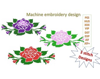 Machine embroidery Rose design, In 3 embroidery stitch designs, Rose cross stitch