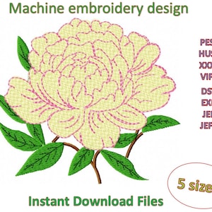 May include: Machine embroidery design of a peony flower in cream and pink, with green leaves and brown stems. The text "Machine embroidery design" and "Instant Download Files" are at the top and bottom. The image also includes file format abbreviations and "5 sizes".
