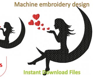Embroidery Designs, Love, women and moon machine embroidery design in 2 sizes