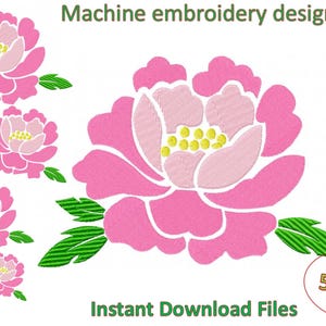 May include: Machine embroidery design of a pink peony flower with white and yellow details, and green leaves. The design is available in 5 sizes as an instant download. The image also includes file formats: PES, HUS, XXX, VIP, DST, EXP, JEF, and JEF+.