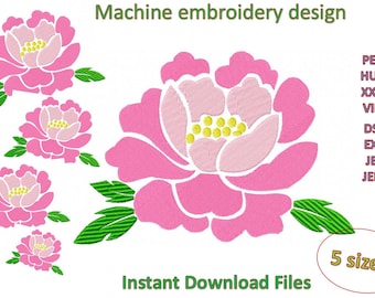 Disegno per ricamo a macchina di fiori di peonia, in 5 misure