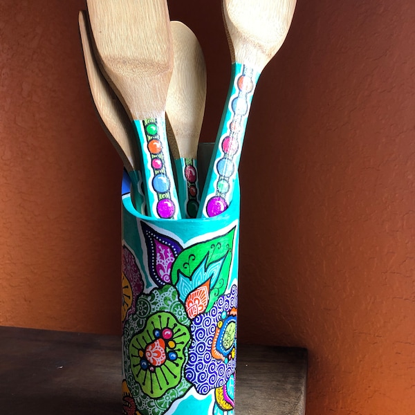 8-1/2" tall hand painted kitchen utensil holder