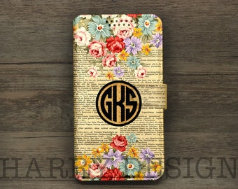 iPhone- en Galaxy-portemonneehoesje met monogram bloemen: vintage woordenboekpagina