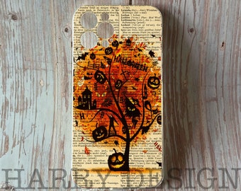 Telefoonhoesje Halloween-pompoenboom: vintage woordenboekkunst