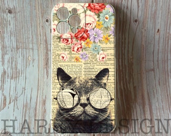iPhone-hoesje Chartreux Cat bloemen en Samsung Galaxy-hoesje: vintage woordenboekafdruk