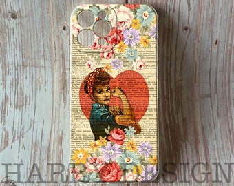 Rosie the Riveter iPhone- en Galaxy-hoesje: bloemen vintage woordenboekkunst