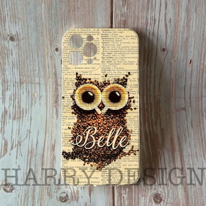 Koffie Uil Gepersonaliseerde iPhone 15 14 plus 13 12 11 pro max Xs Xr SE Monogram Samsung Galaxy S24 Ultra S23 S22 s21 S20 S10 S9 Note 20 10 hoesje