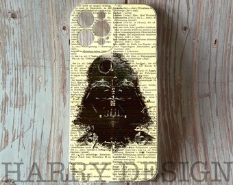 May include: A black and white phone case with a Darth Vader silhouette printed on it. The background is a yellowed page of text from a book.
