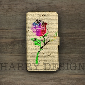 Funda tipo billetera La Bella y la Bestia Rose para iPhone 16, 15, 14, 13 Pro Max, 12, 11, XS, Xr SE, Samsung Galaxy S25, S24, S23, S22 Ultra, S21, S20 Fe, S10 y Note 20
