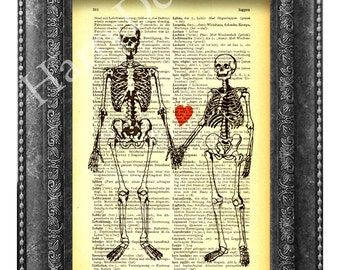 Loving Skeleton Couples art print,Skeletons vintage book print,wall decor, Wall hanging,Halloween dictionary art print,dictionary page print