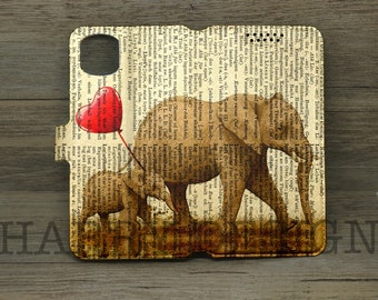 Portemonnee telefoonhoesje olifant en ballon: vintage woordenboekkunst