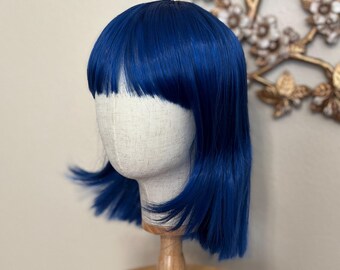 Royal Blue Kawaii Pastel Goth Gothic Short Shoulder Length Straight Across Bangs Wig Synthetic Hair Cosplay Halloween Costume Accessory