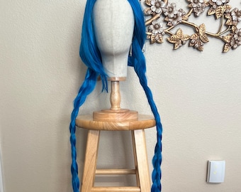 Royal Blue Long Braided Pigtails Two Straight Braids Bangs Wig Kawaii Pastel Goth Gothic Synthetic Hair Cosplay Halloween Costume Accessory