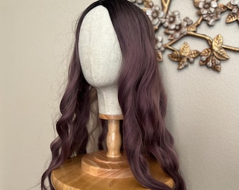 Dark Root Taro Mauve Pink Purple Kawaii Pastel Goth Gothic Long Wavy Curly Locks Wig Synthetic Hair Cosplay Halloween Costume Accessory