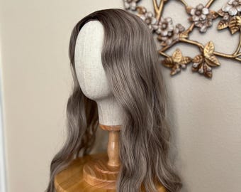Dark Root Ash Brown Silver Gray Grey Kawaii Pastel Goth Gothic Long Wavy Curly Locks Wig Synthetic Hair Cosplay Halloween Costume Accessory