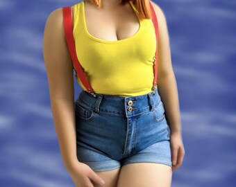Misty Inspired Red Suspender Straps Yellow Tank Top & Blue Denim Shorts Set - S/M Cosplay Anime Video Game Halloween Costume - Ready to Ship