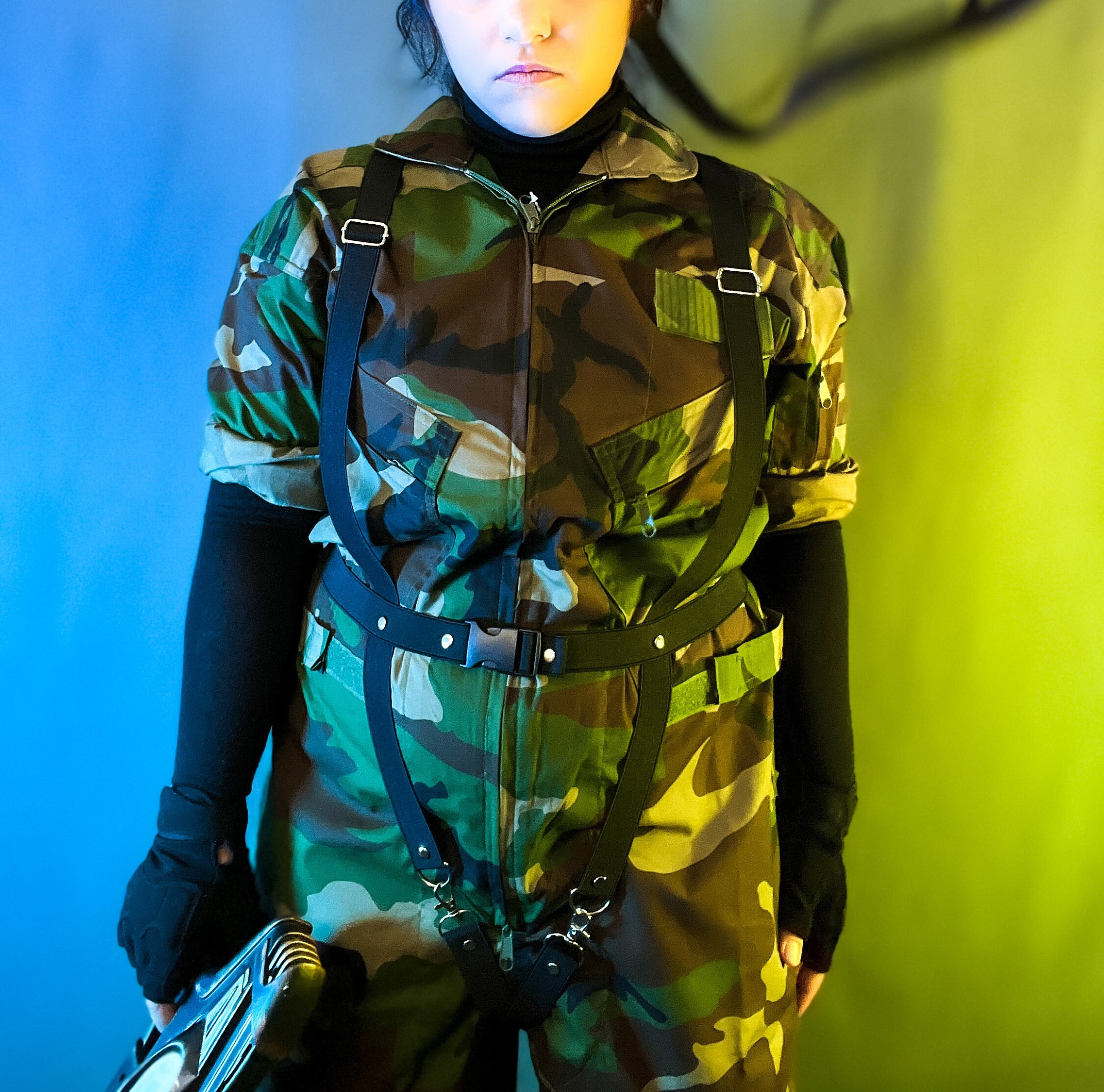 Cosplay of sans from undertale in a military camo suit