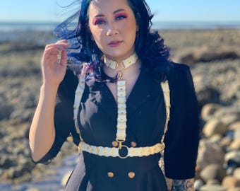 The Chameleon Set - Fashion Skirt & Choker Set - Strappy Chest Piece Custom Plus Size Kawaii Goth Festival Rave Burning Man - Made to Order!