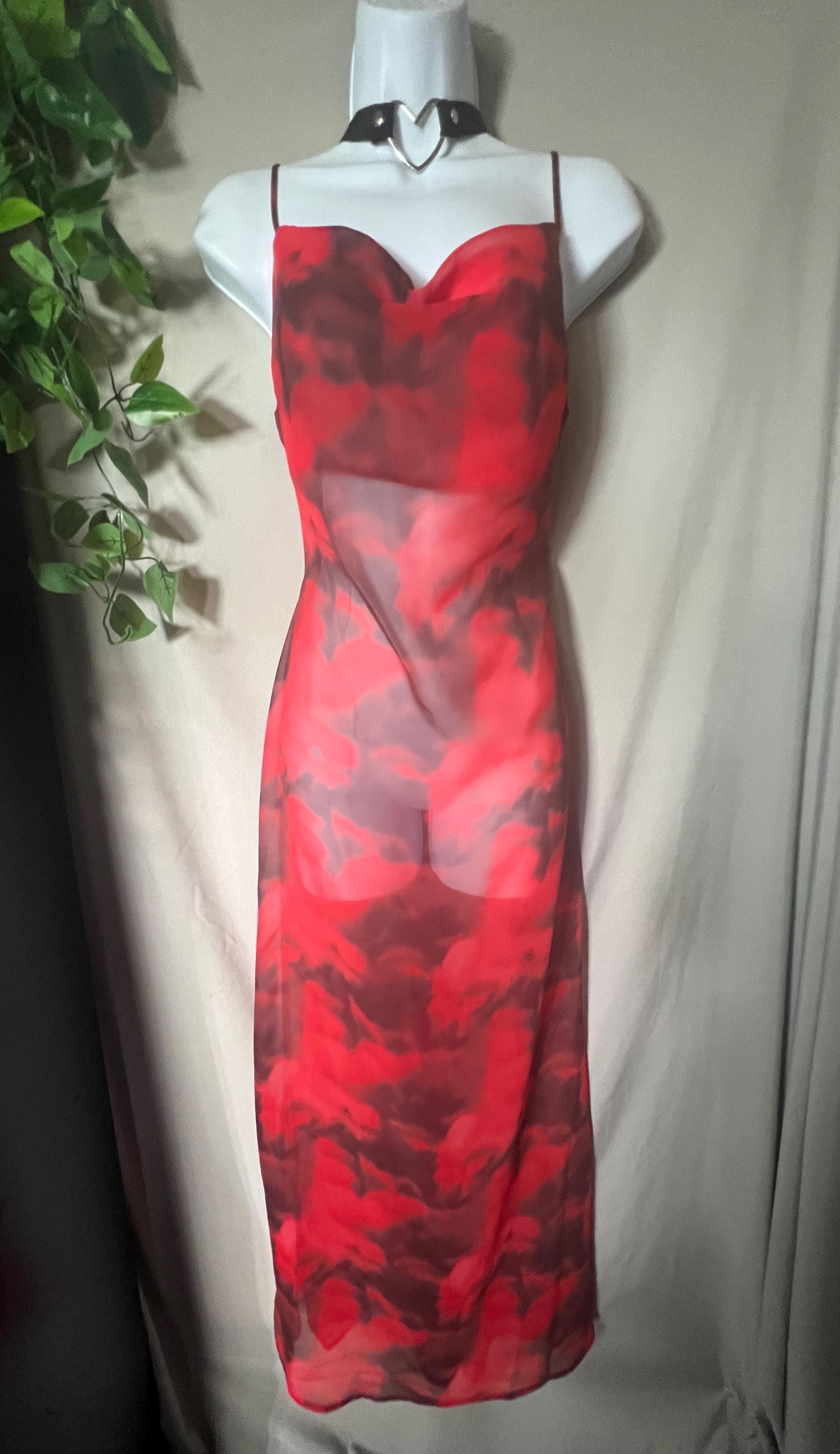 Red & Black Sheer Mesh Long Dress - Kawaii Pastel Goth