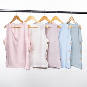 Linen Cotton Sleeveless Tops, V-Neck or Crew Neck, Button Closure, 5 Colors, Sizes S-XL