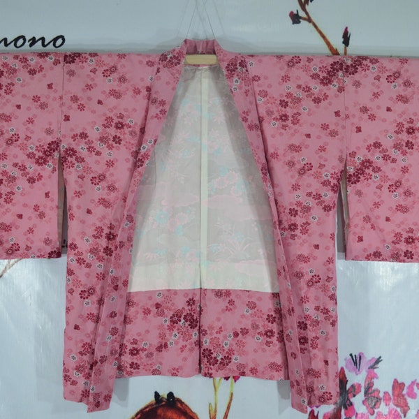 Women's Haori vintage Japanese Pink Floral Pattern Haori Cardigan Kimono Outer Jacket