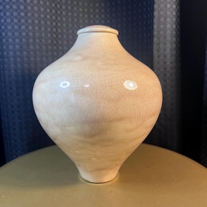 Puede incluir: Un jarrón de cerámica beige claro con un cuerpo bulboso y un cuello estrecho. El jarrón tiene un efecto de craquelado, lo que le da una apariencia texturizada. El jarrón está sobre una superficie dorada.