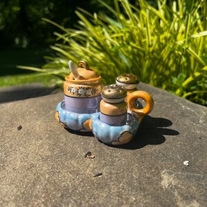 Vintage Japan Luster Porcelain Condiment Caddy (Salt & Pepper Shaker w. Mustard Jar Set)