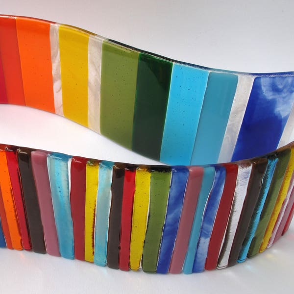 Rainbow glass wave: Fused glass candle screen; Free standing suncatcher