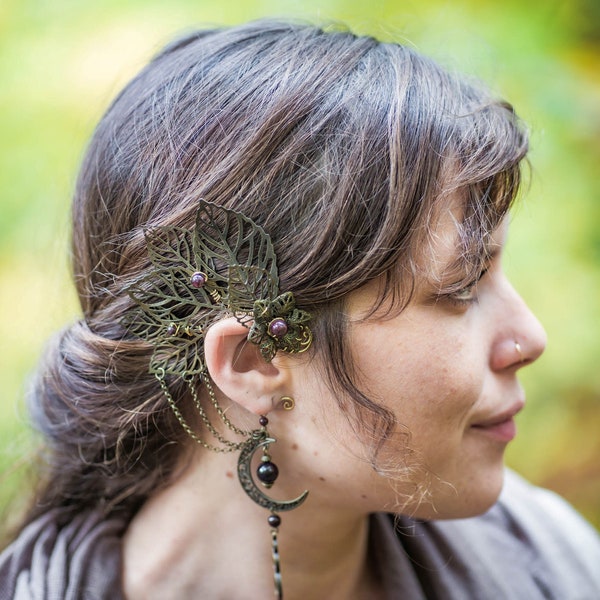 Tour d'oreille "Cincaya Luna" Calhaloü. Sur mesure et personnalisable. Pierre naturelle au choix. bijoux elfe fée lune végétal. sur commande