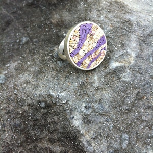 unique micromosaic and silver ring with purple and beige abstract design image 2