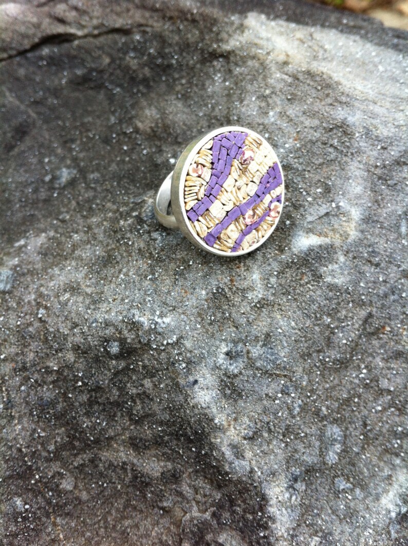 unique micromosaic and silver ring with purple and beige abstract design image 2