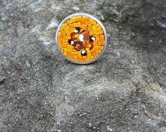 unique micromosaic and silver ring with bold yellow, orange and brown abstract design