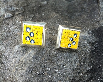 Unique square micromosaic stud earrings with a bright yellow, blue and white pattern.