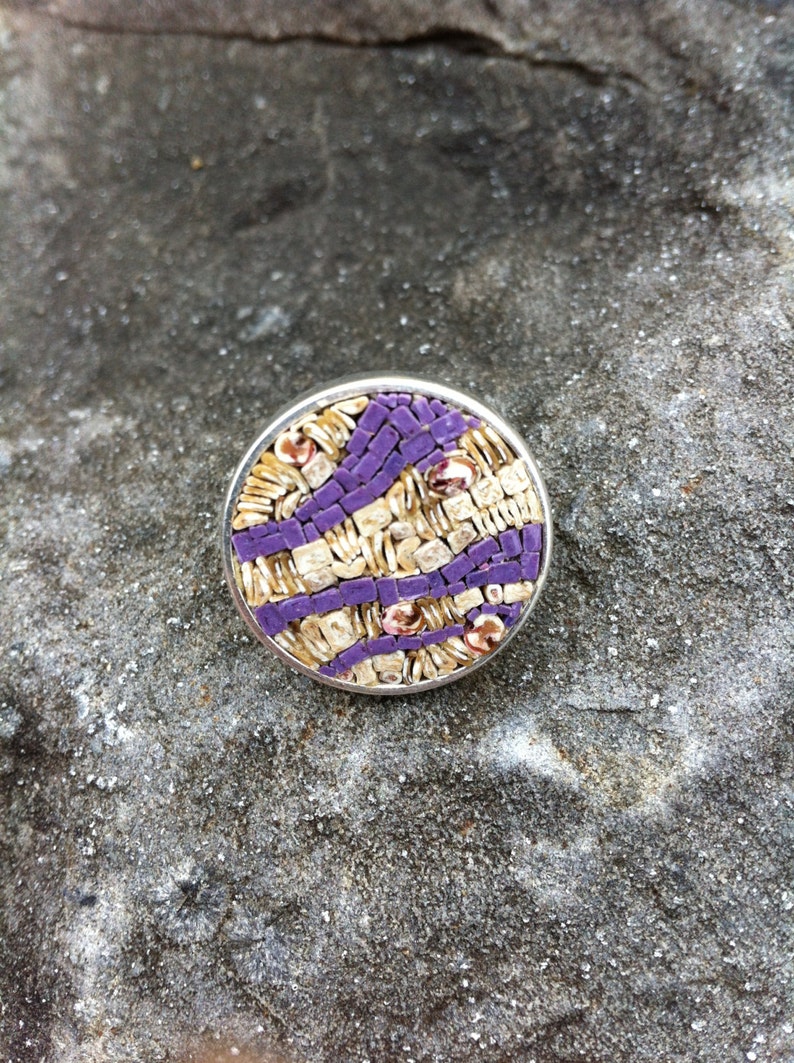 unique micromosaic and silver ring with purple and beige abstract design image 1