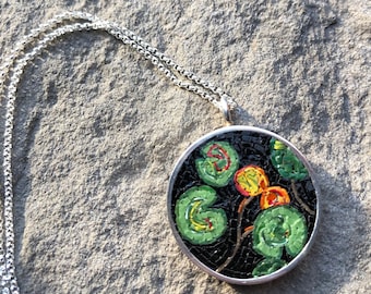 Detailed and unique micromosaic and silver pendant with colorful  lily pad design