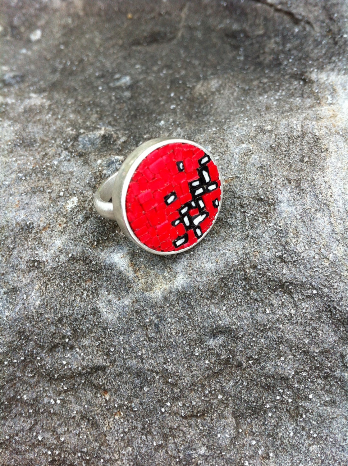 Unique micromosaic ring with bright red black and white | Etsy