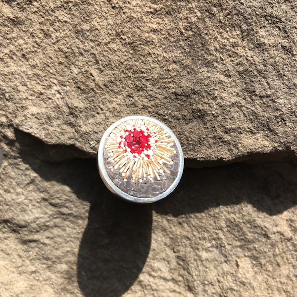 Unique micromosaic and sterling silver statement ring with an abstract design in red, grey and white