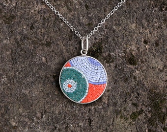 Uniquely designed original micromosaic and silver pendant in orange, blue and green.