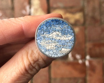 Detailed and unique micromosaic and sterling silver ring depicting a blue sky with wispy clouds