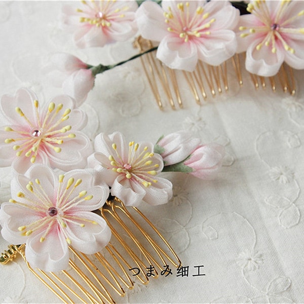 Handgemachte japanische traditionelle Tsumami Kanzashi Haarspange Pin Kamm Kimono Yukata Outfit Hochzeit Ornament Braut rosa Blumen Sakura Falls
