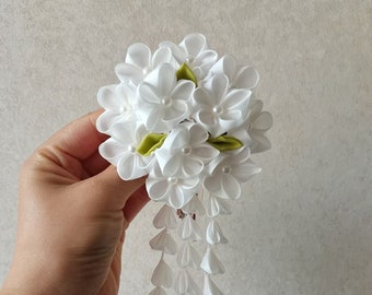 Handmade Japanese Traditional Tsumami Kanzashi Flower Clip Hair Pin Clip Sakura Clip White Sakura Clip Pin with Floral Dangling -- One Piece