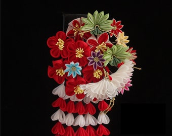 Handmade Kanzashi Kimono Outfit Ornament Flower Clip Hair Pin Clip Sakura Crane Clip Red Gold Sakura Pearl Clip