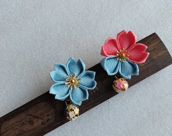 Handmade Kanzashi Kimono Outfit Ornament Flower Clip Hair Pin Clip Sakura Clip Black Blue Purple Red Sakura Pearl Clip -- One Piece