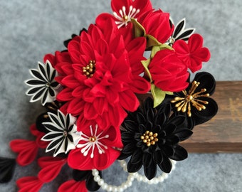 Handmade Kanzashi Kimono Outfit Ornament Flower Clip Hair Pin Clip Sakura Clip Red Sakura Pearl Clip