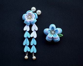 Handmade Kanzashi Tsumami Flower Clip Hair Pin Clip Layered Blue White Sakura Clip with Pearls for YUKATA Kimono Outfit Cosplay -- One Piece