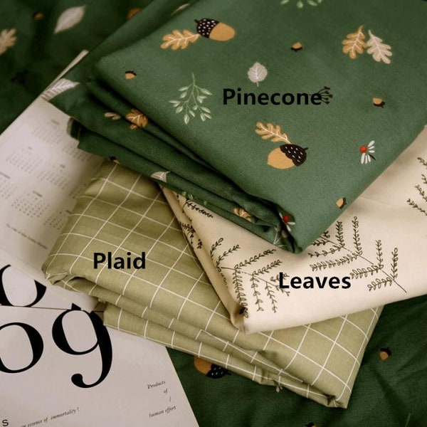 250cm Width Wide Cotton Fabric Bedding Fabric Green Pinecone Plaid Flower Twig Fabric for Bedding Bedclothes Home Decor ,Sewing--Half Yard