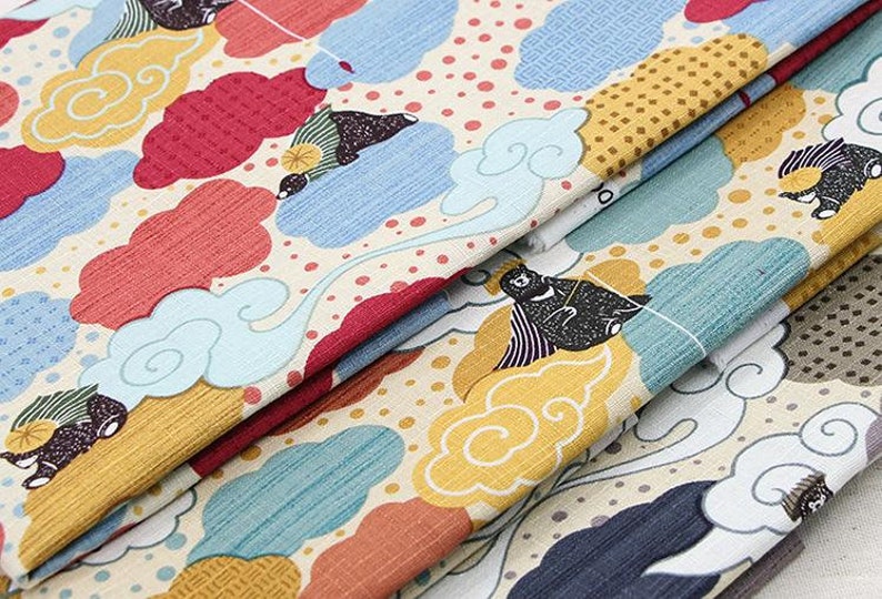 -Half Yard Vintage Chinese Japanese Cotton Linen Slub Fabric with Cute Bear and Cloud for Clothing \uff0cBag Purse \uff0cTable Runner \uff0cDIY ETC