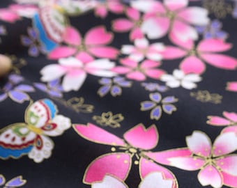 Vintage Black Purple Japanese Cotton Fabric Printed with Sakura Flowers and Butterfly-- CF-TMHD --Half Yard