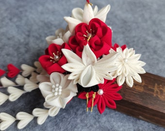 Handmade Japanese Tsumami Kanzashi Hair Clip Kimono Yukata Outfit Wedding Ornament Red White Sakura Beautiful Flying White Crane Clip
